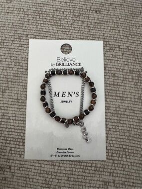 Believe by Brilliance Men's Brown Beaded & Silver Chain Bracelet Set